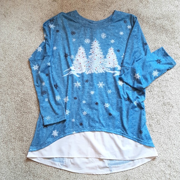 Winter Scene Trees Long Blue Tunic Long Sleeve Sz L - Picture 12 of 13